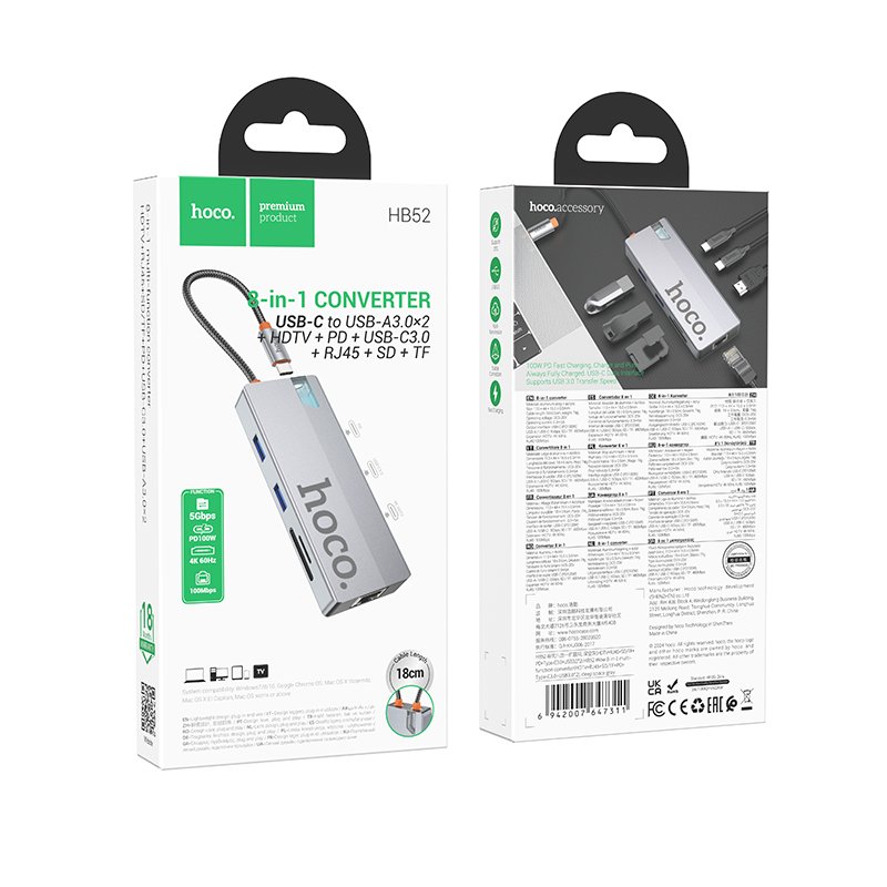 USB Хаб Hoco HB52 Wow 8-in-1 (HDTV+RJ45+SD/TF+PD+Type-C3.0+USB3.0*2)