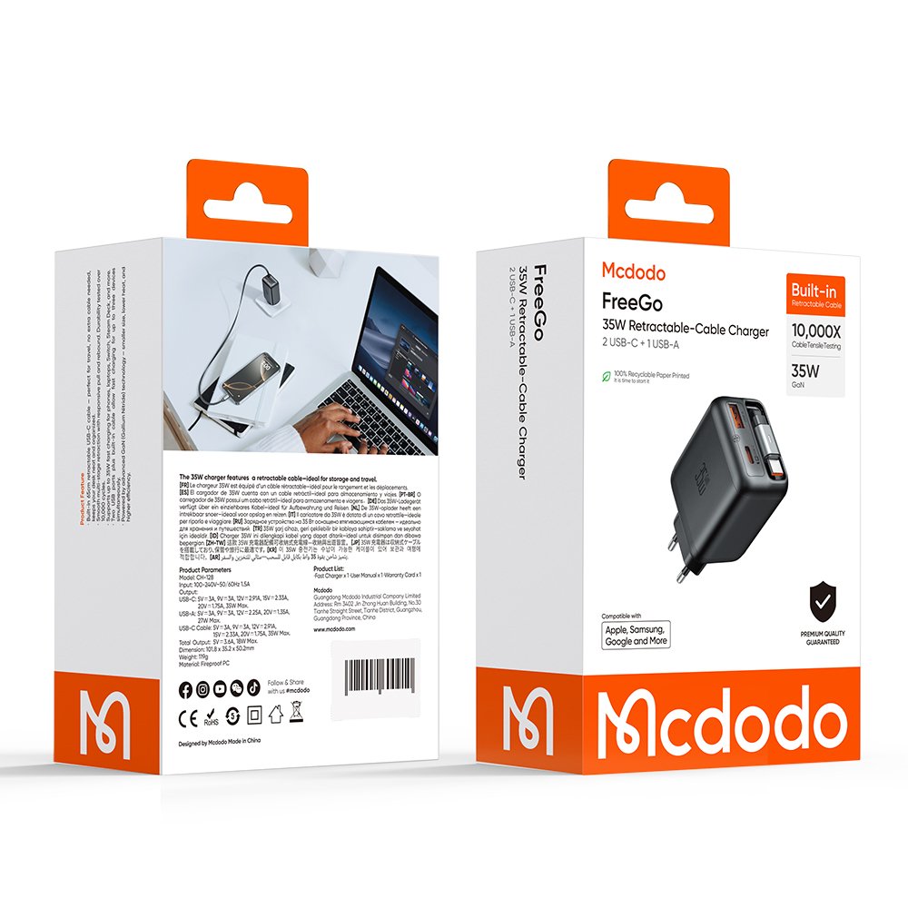 СЗУ MCDODO CH-1280 GaN Charger 65cm retractable USB-C Cable 35W 1C1A