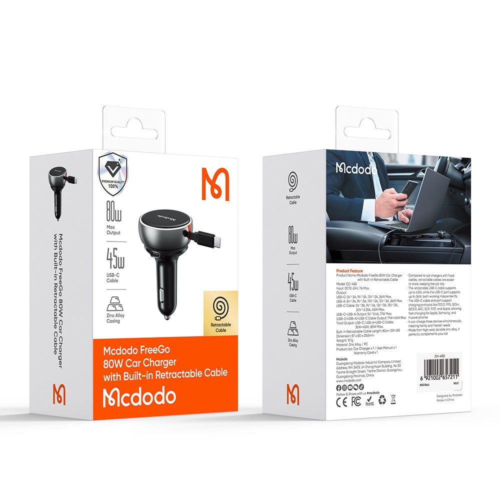 AЗУ MCDODO CC-4850 Car Charger 80cm retractable USB-C Cable 80W 1A