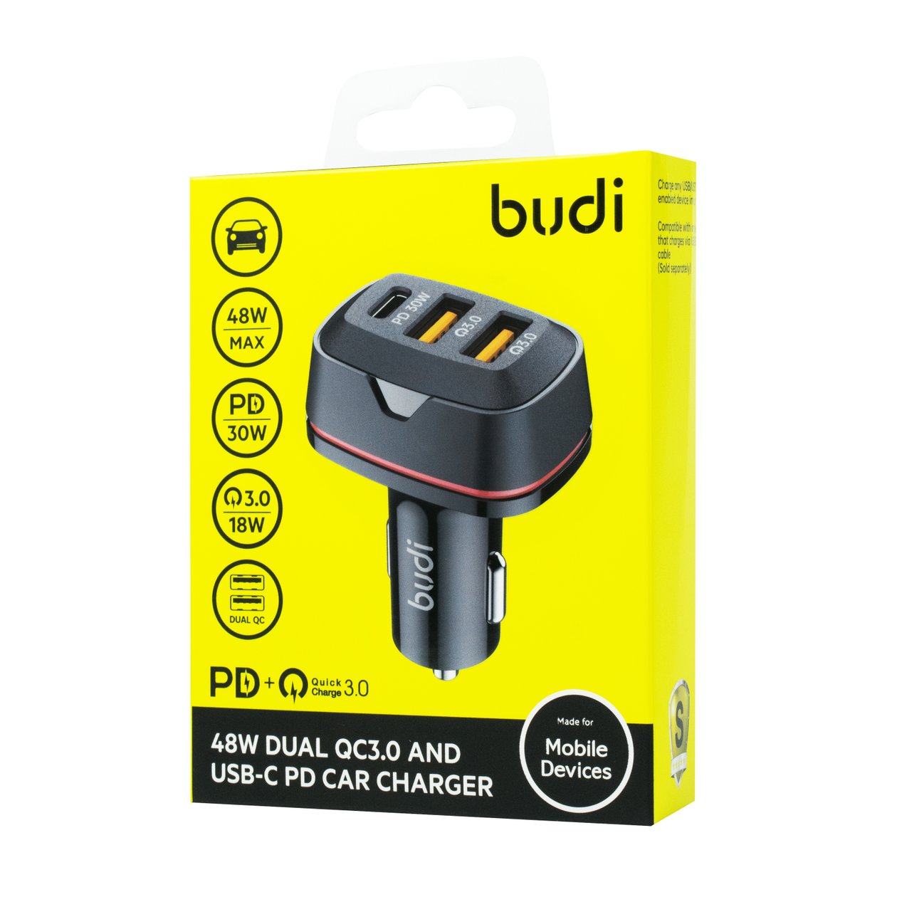 CC616TB - Budi Car Charger 48W Dual QC3.0 and USB-C PD
