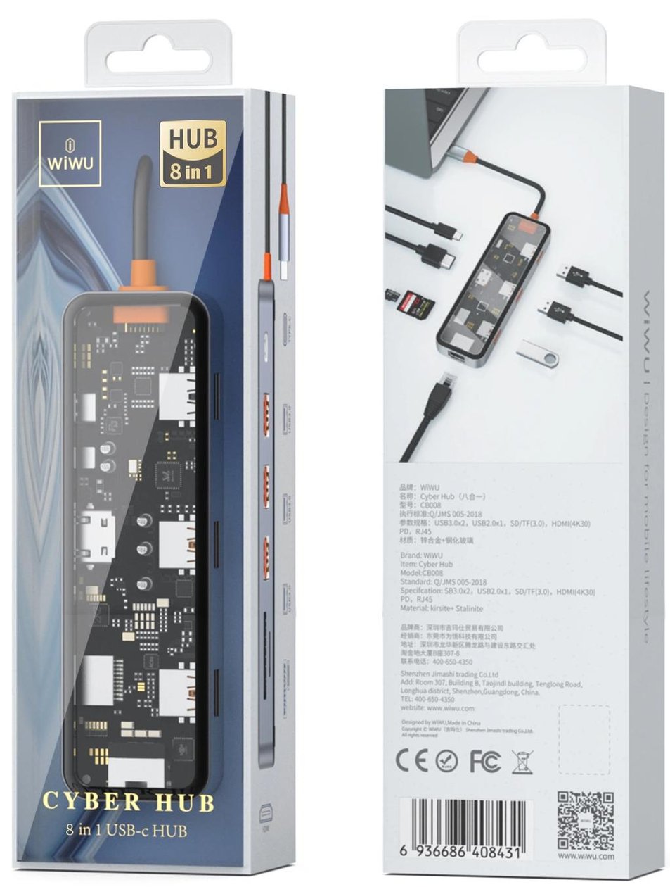WIWU Адаптер CB008 Cyber HUB 8 in 1 USB-C to USB3 x 2 / USB2 / Type-C / HDMI / SD / Micro SD / RG45