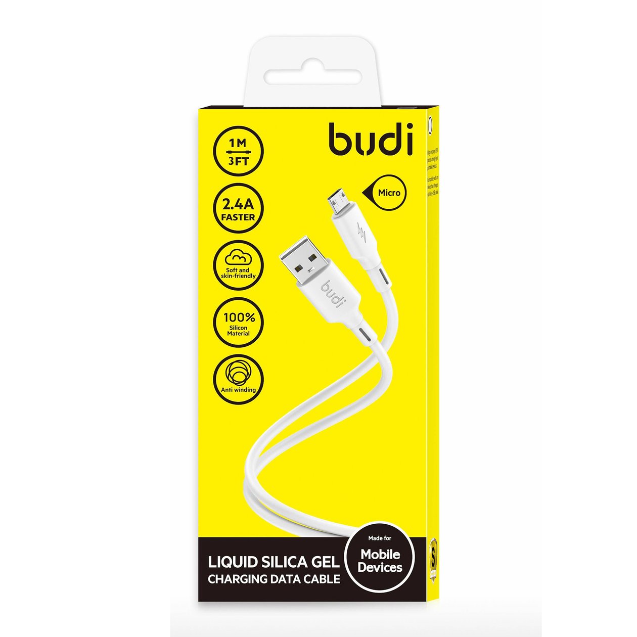 DC256M10W -  Budi USB-A to Micro Cable Liquid Silica Gel 3A 1m