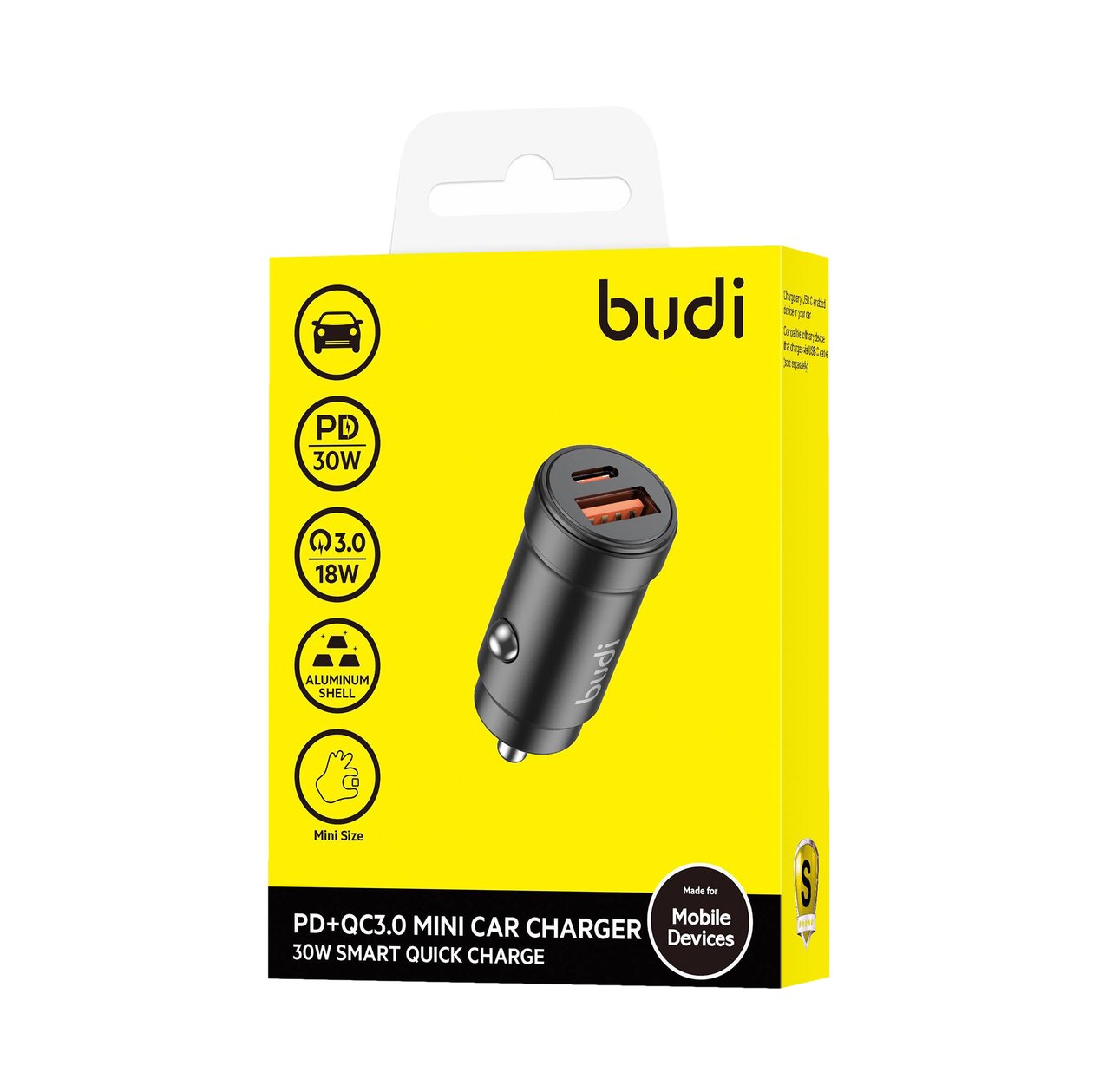 CC602B - Budi Mini Car Charger 30W PD+QC3.0