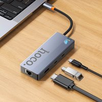 USB Хаб Hoco HB52 Wow 8-in-1 (HDTV+RJ45+SD/TF+PD+Type-C3.0+USB3.0*2) / Hub + №11378