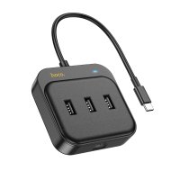 Сетевой адаптер Hoco HB35 Easy link 4-in-1 Gigabit Ethernet Adapter(Type-C to USB3.0*3+RJ45)(L=0.2M) / Type-C + №8761