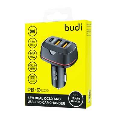 CC616TB - Budi Car Charger 48W Dual QC3.0 and USB-C PD / Всё для автомобилей budi + №7610