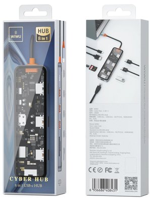 WIWU Адаптер CB008 Cyber HUB 8 in 1 USB-C to USB3 x 2 / USB2 / Type-C / HDMI / SD / Micro SD / RG45 / Кабели / Переходники wiwu + №9040