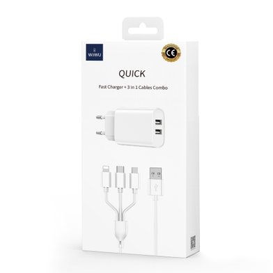 WIWU СЗУ Wi-U003 Dual USB Charger + 3 in 1 Cable EU Plug / Зарядные устройства wiwu + №9769