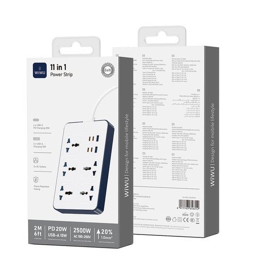 WIWU Сетевой Фильтр Wi-S006 11in1 20W 4C+2A+5AC EU 2M
