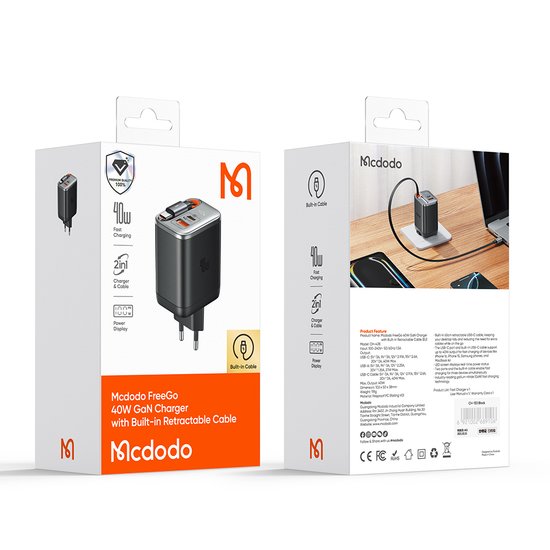 СЗУ MCDODO CH-4281 GaN Charger 65cm retractable USB-C Cable 40W 1C1A