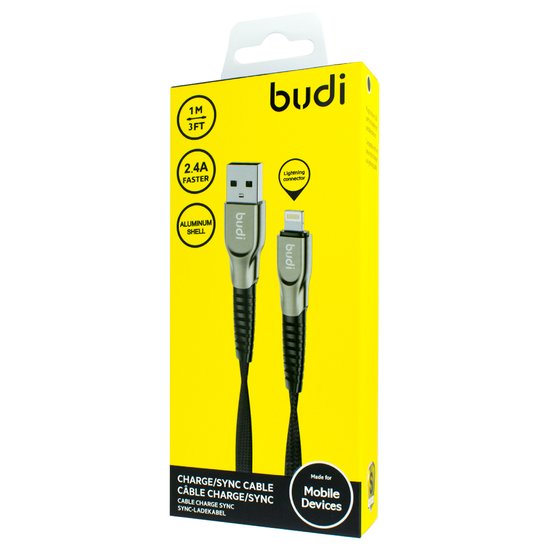 DC213L10B - USB-кабель Budi Lightning in cloth 1m, 2.4A Faster, Aluminum shell