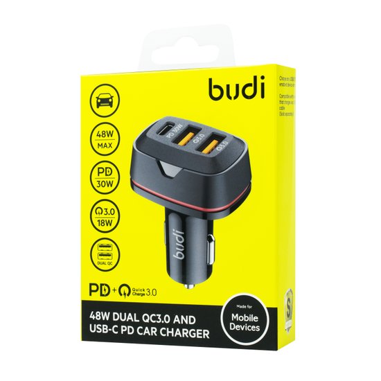 CC616TB - Budi Car Charger 48W Dual QC3.0 and USB-C PD
