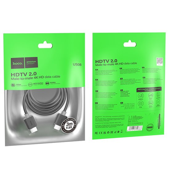 Видео кабель Hoco US08 HDTV 2.0 male-to-male 4K HD data cable(L=3M)