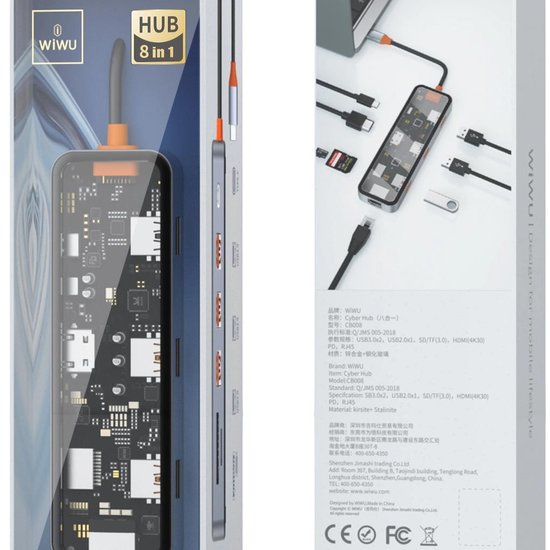 WIWU Адаптер CB008 Cyber HUB 8 in 1 USB-C to USB3 x 2 / USB2 / Type-C / HDMI / SD / Micro SD / RG45
