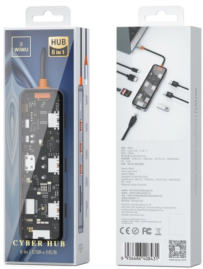 WIWU Адаптер CB008 Cyber HUB 8 in 1 USB-C to USB3 x 2 / USB2 / Type-C / HDMI / SD / Micro SD / RG45