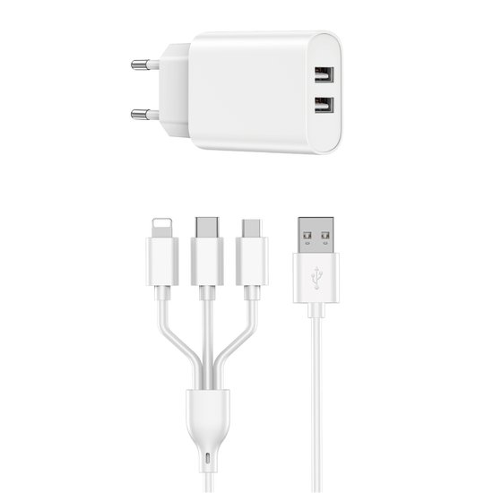 WIWU СЗУ Wi-U003 Dual USB Charger + 3 in 1 Cable EU Plug