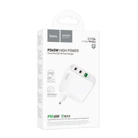 СЗУ Hoco C115A Header PD65W three-port(2C1A) charger(EU)